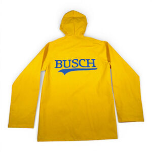 Vintage Busch Coat Adult MEDIUM Yellow Raincoat Hooded Slicker Zip Promo 80s